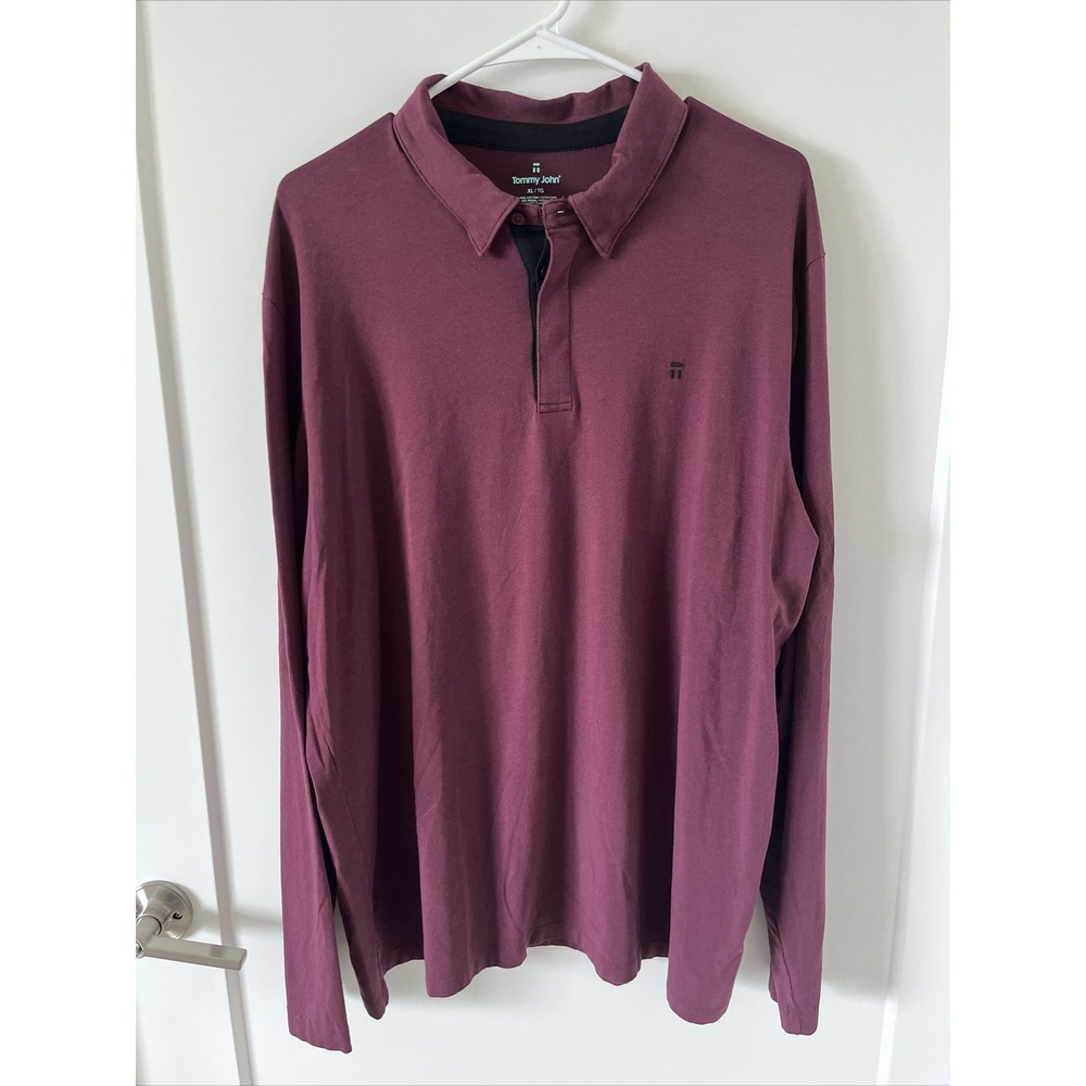 Mens Tommy John Longsleeve Burgundy Stretch Polo Golf Collared Shirt Size XL
